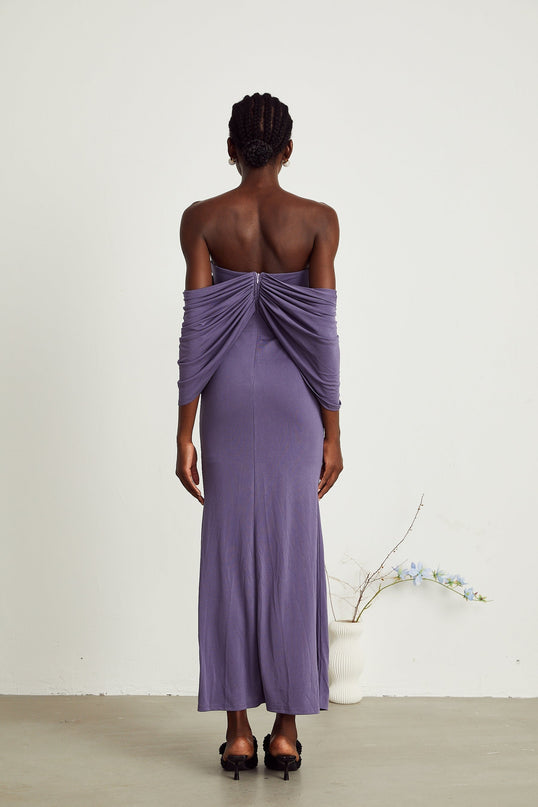 Letizia Purple Off-Shoulder Ruched Midi Dress with Button Accents and Zip Fastening