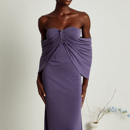 Letizia Purple Midi Dress with Off-Shoulder Allure and Ruched Embellishments