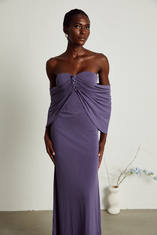 Letizia Purple Midi Dress with Off-Shoulder Allure and Ruched Embellishments