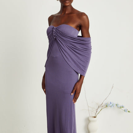 Letizia Purple Off-Shoulder Ruched Midi Dress with Front Buttons and Rear Zip Fastening in 100% Terylene for Formal Events and Special Occasions