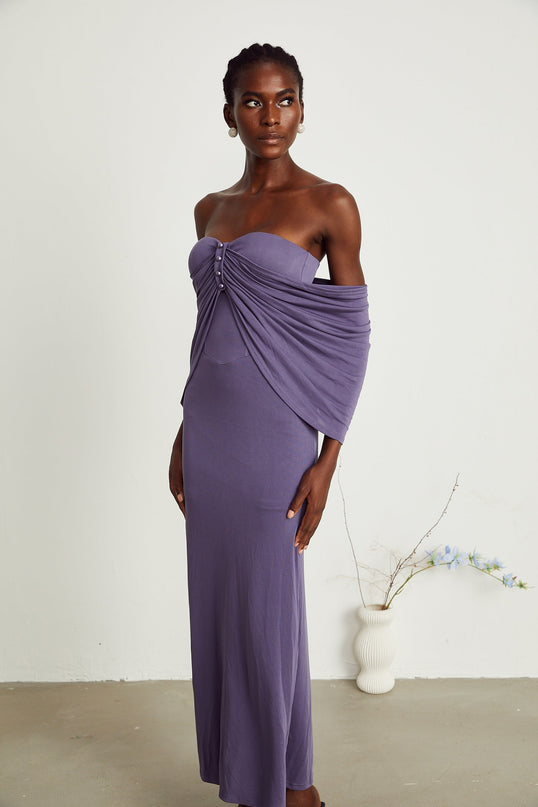 Letizia Purple Off-Shoulder Ruched Midi Dress with Front Buttons and Rear Zip Fastening in 100% Terylene for Formal Events and Special Occasions
