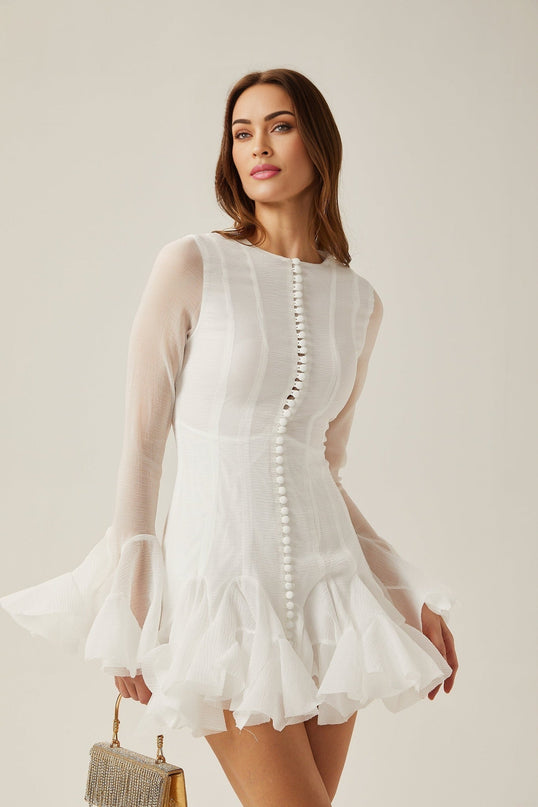 Letizia White Flared Sleeve Mini Dress Polyester Fiber