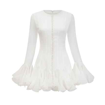 Letizia White Flared Sleeve Mini Dress with Sheer Button Hem