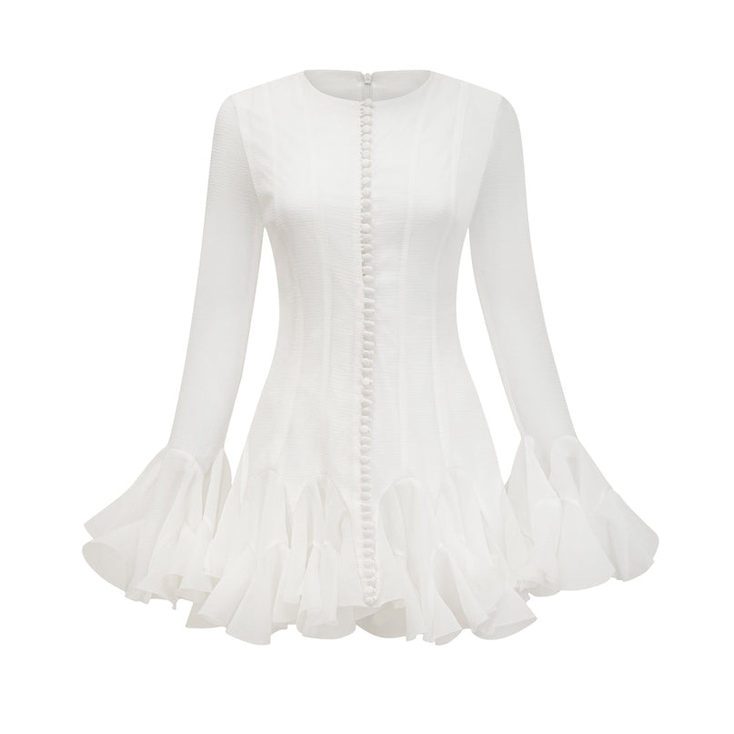 Letizia White Flared Sleeve Mini Dress with Sheer Button Hem