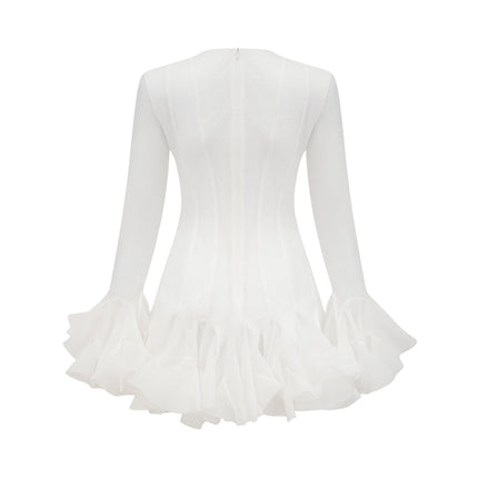 Letizia White Flared Sleeve Mini Dress with Sheer Button Hem in Polyester Fiber