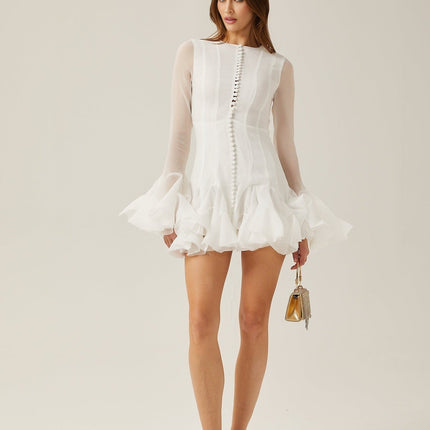 Letizia White Flared Sleeve Mini Dress with Sheer Button Hem