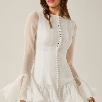 Letizia White Flared Sleeve Mini Dress with Sheer Button Hem