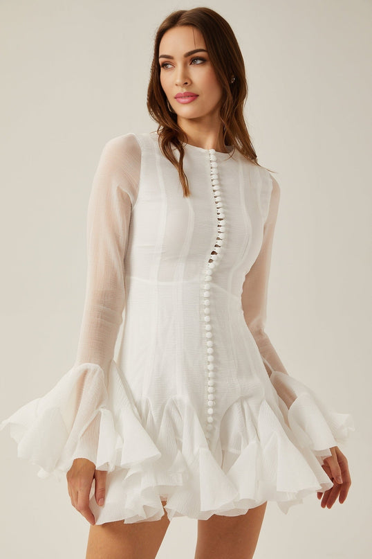 Letizia White Flared Sleeve Mini Dress with Sheer Button Hem