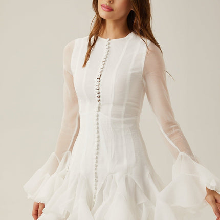 Letizia White Flared Sleeve Sheer Button Mini Dress