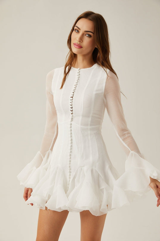 Letizia White Flared Sleeve Sheer Button Mini Dress
