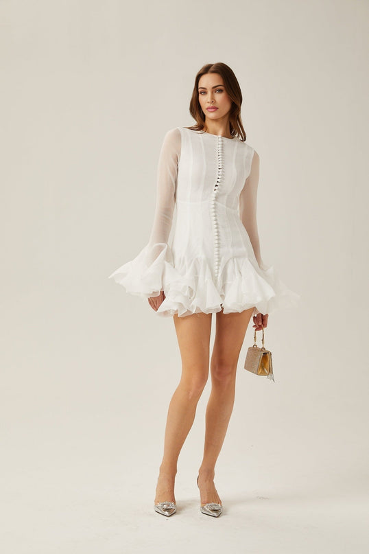 Letizia White Mini Dress with Flared Sleeves and Sheer Button Hem in 100% Polyester Fiber