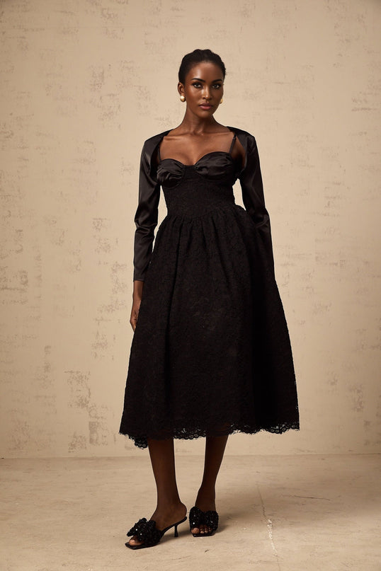 Lia Black Satin Top and Dress Panelled Set
