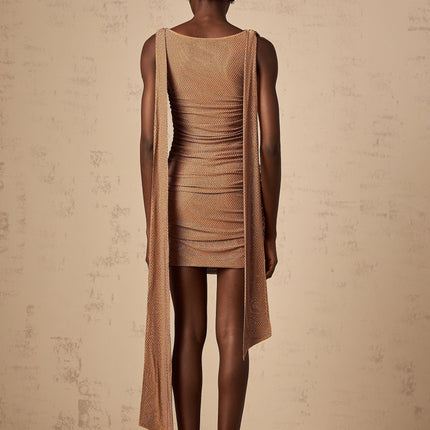 Lia Camel Brown Rhinestone Embellished Ribbon Ruched Cowl Neck Sleeveless Thigh Length Mini Dress