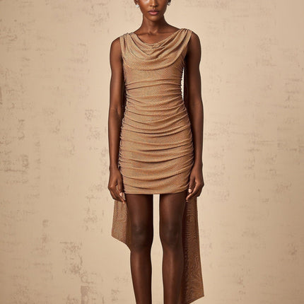 Lia Camel Brown Rhinestone Ribbon Mini Dress with Cowl Neck and Ruched Detailing