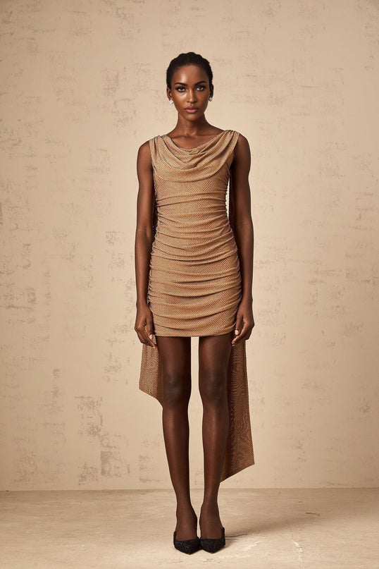 Lia Camel Brown Rhinestone Ribbon Mini Dress with Cowl Neck and Ruched Detailing