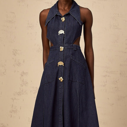 Lia Dark Blue Midi Dress with Pointed Collar and Side Slit