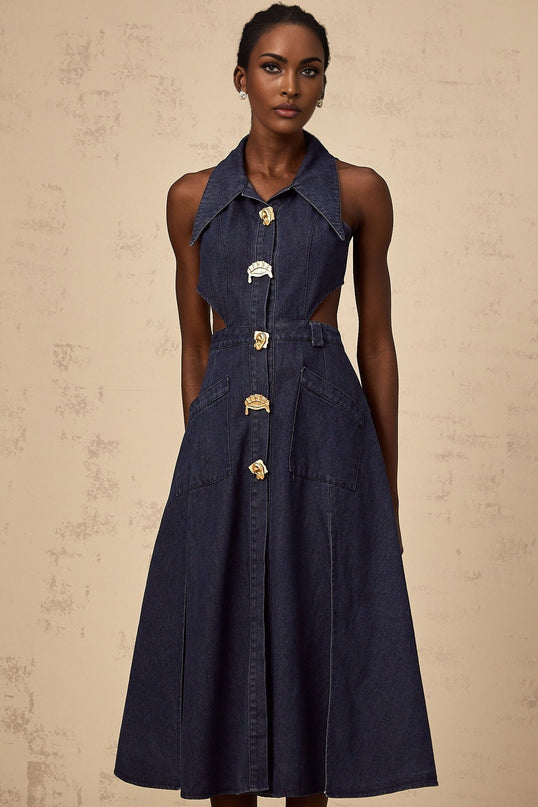 Lia Dark Blue Midi Dress with Pointed Collar and Side Slit
