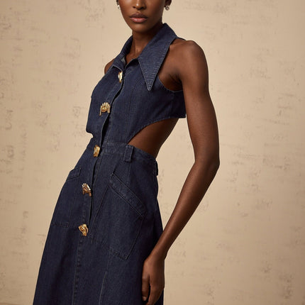 Lia Dark Blue Midi Dress with Pointed Collar and Side Slit