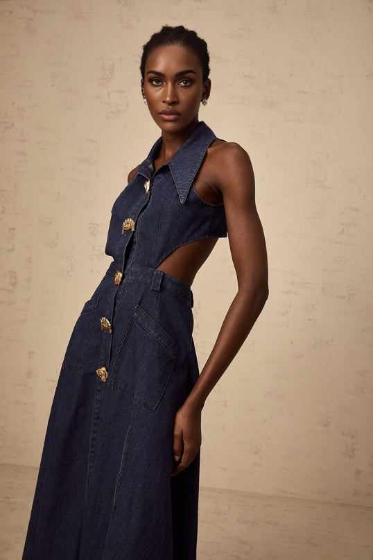 Lia Dark Blue Midi Dress with Pointed Collar and Side Slit