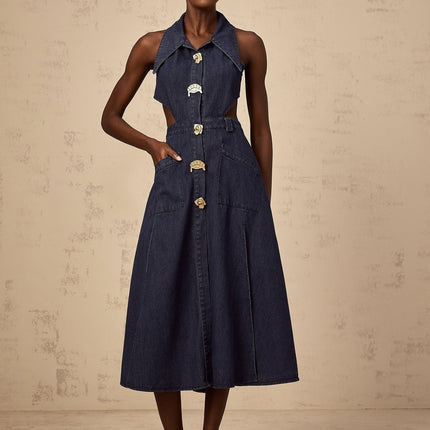 Lia Dark Blue Midi Dress with Pointed Collar and Side Slit