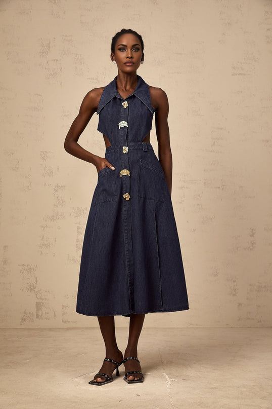 Lia Dark Blue Midi Dress with Pointed Collar and Side Slit