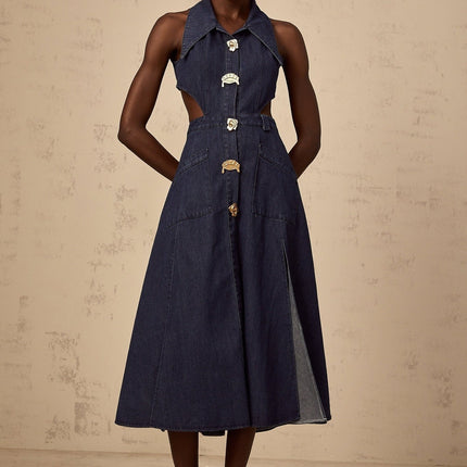 Lia Dark Blue Midi Dress with Pointed Collar and Side Slit