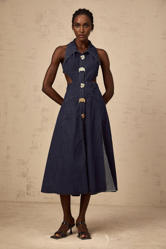 Lia Dark Blue Midi Dress with Pointed Collar and Side Slit