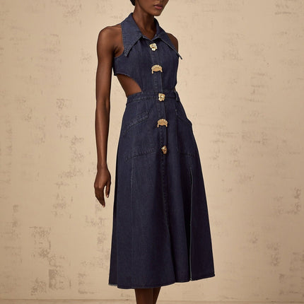 Lia Dark Blue Midi Dress with Pointed Collar and Pleated Detailing
