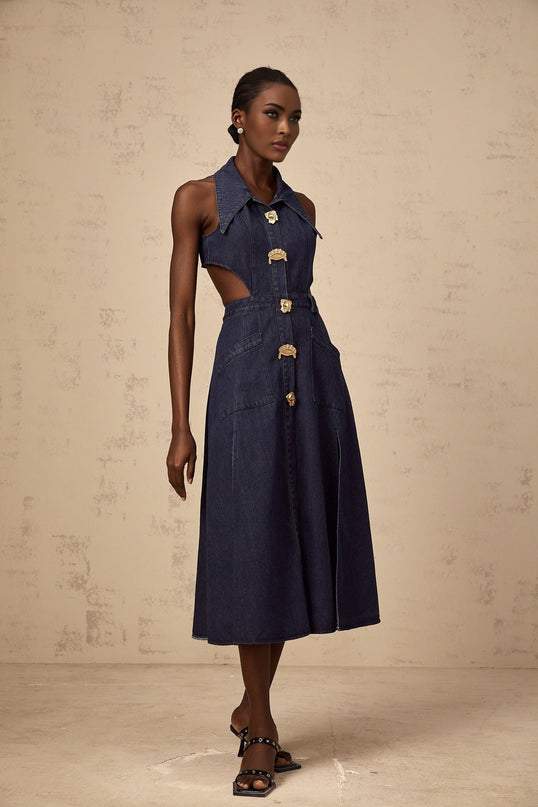 Lia Dark Blue Midi Dress with Pointed Collar and Pleated Detailing