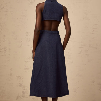 Lia Dark Blue Midi Dress with Pointed Collar and Side Slit