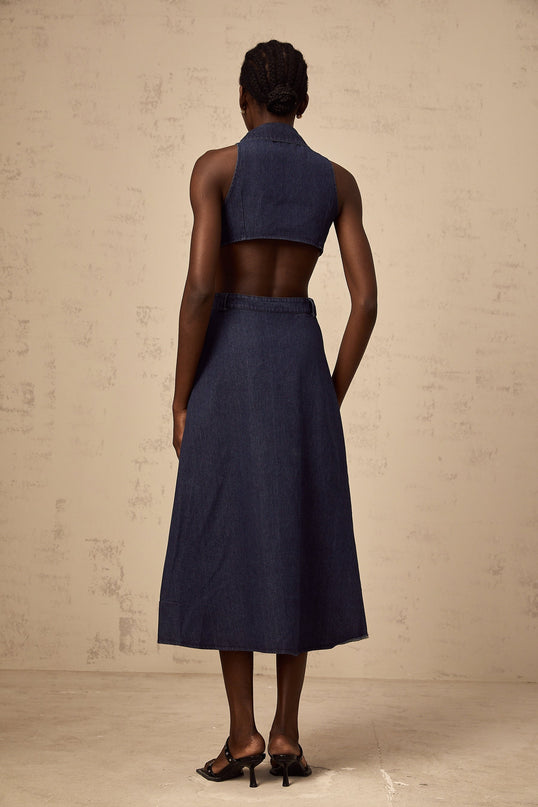 Lia Dark Blue Midi Dress with Pointed Collar and Side Slit
