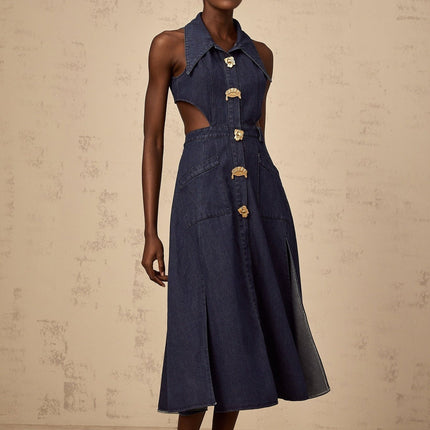 Lia Dark Blue Midi Dress with Pointed Collar and Side Slit