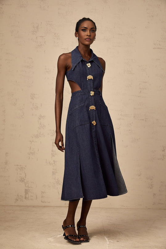 Lia Dark Blue Midi Dress with Pointed Collar and Side Slit