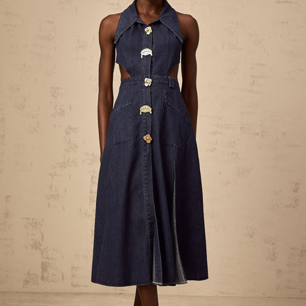 Lia Dark Blue Midi Dress with Pointed Collar and Side Slit