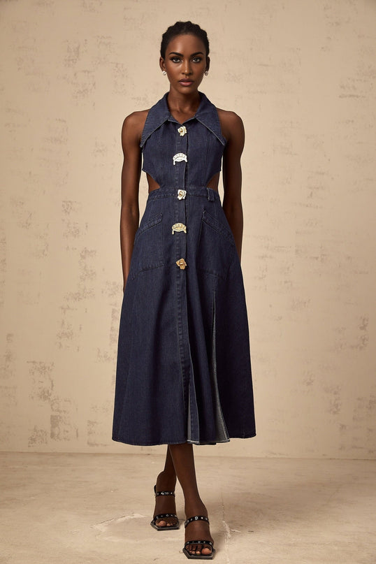 Lia Dark Blue Midi Dress with Pointed Collar and Side Slit