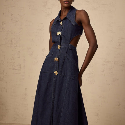 Lia Dark Blue Midi Dress with Pointed Collar and Side Slit