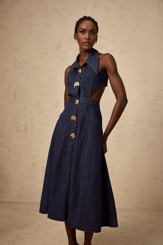Lia Dark Blue Midi Dress with Pointed Collar and Side Slit