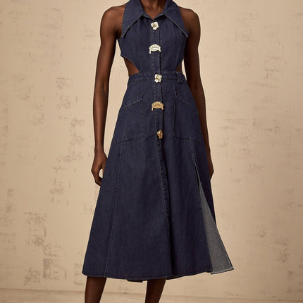 Lia Dark Blue Midi Dress with Pointed Collar and Side Slit
