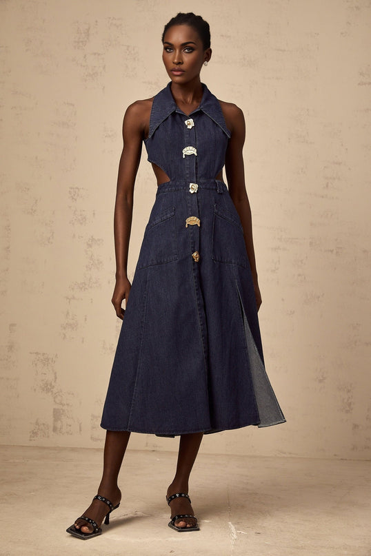Lia Dark Blue Midi Dress with Pointed Collar and Side Slit