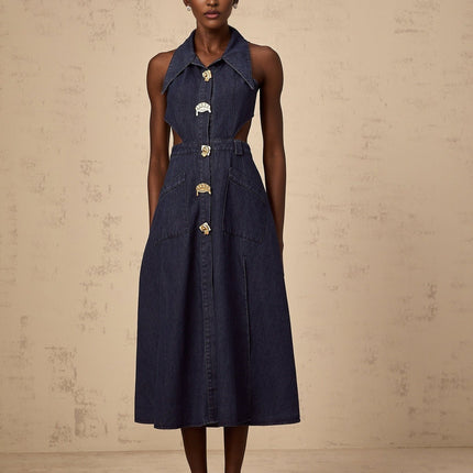 Lia Dark Blue Midi Dress with Pointed Collar and Side Slit