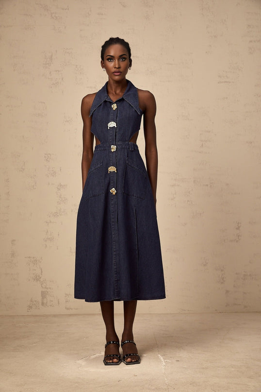 Lia Dark Blue Midi Dress with Pointed Collar and Side Slit