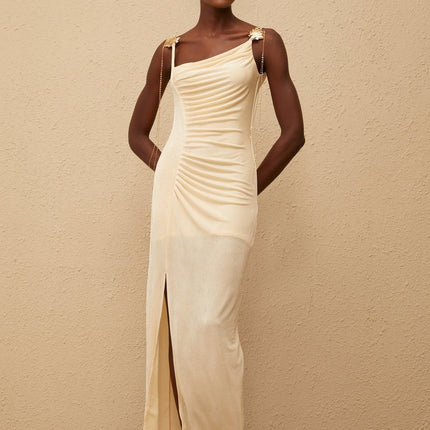 Lia Maxi Dress in Neutrals with Shell Embellishments and Chain-Link Detailing