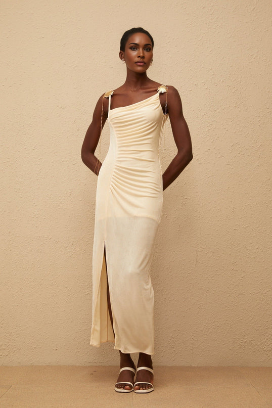 Lia Maxi Dress in Neutrals with Shell Embellishments and Chain-Link Detailing