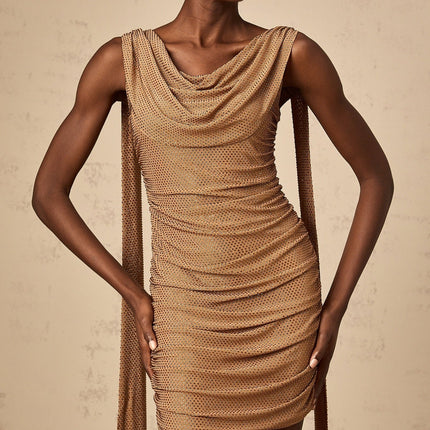 Lia Mini Dress Camel Brown Rhinestone Ribbon Ruched Cowl Sleeveless Thigh Length Rear Zip Terylene Spandex
