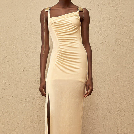 Lia Neutrals Maxi Dress with Shell Embellishments and Chain-Link Detailing