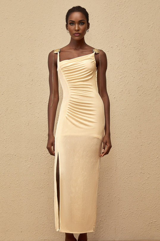 Lia Neutrals Maxi Dress with Shell Embellishments and Chain-Link Detailing