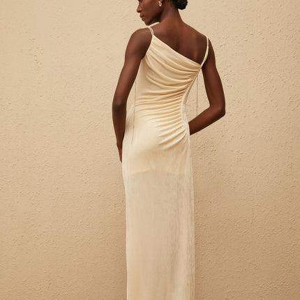 Lia Neutrals Maxi Dress with Shell Embellishments and Chain-Link Detailing