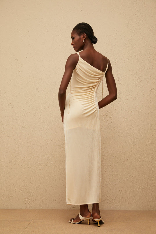 Lia Neutrals Maxi Dress with Shell Embellishments and Chain-Link Detailing