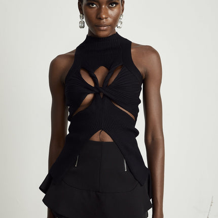 Liana Black Ribbed Sleeveless High Neck Top with Twist Detail