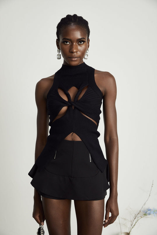 Liana Black Ribbed Sleeveless High Neck Top with Twist Detail